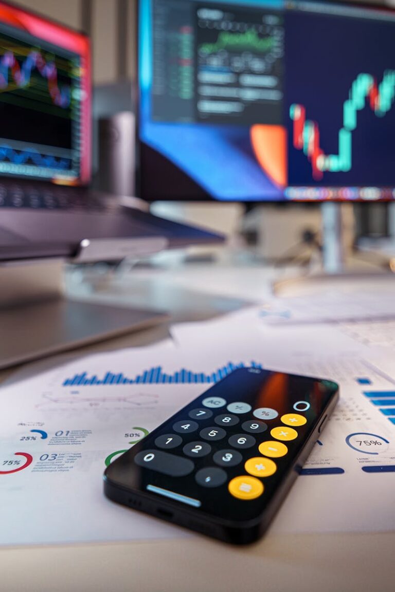 Modern workspace showcasing financial analysis with digital charts and reports.